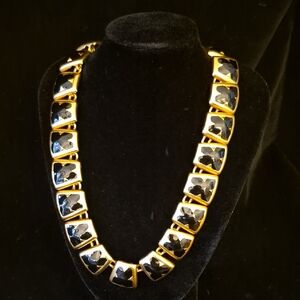 Vintage Signed Anne Klein Gold‑Tone Clover Link Necklace – Black Enamel